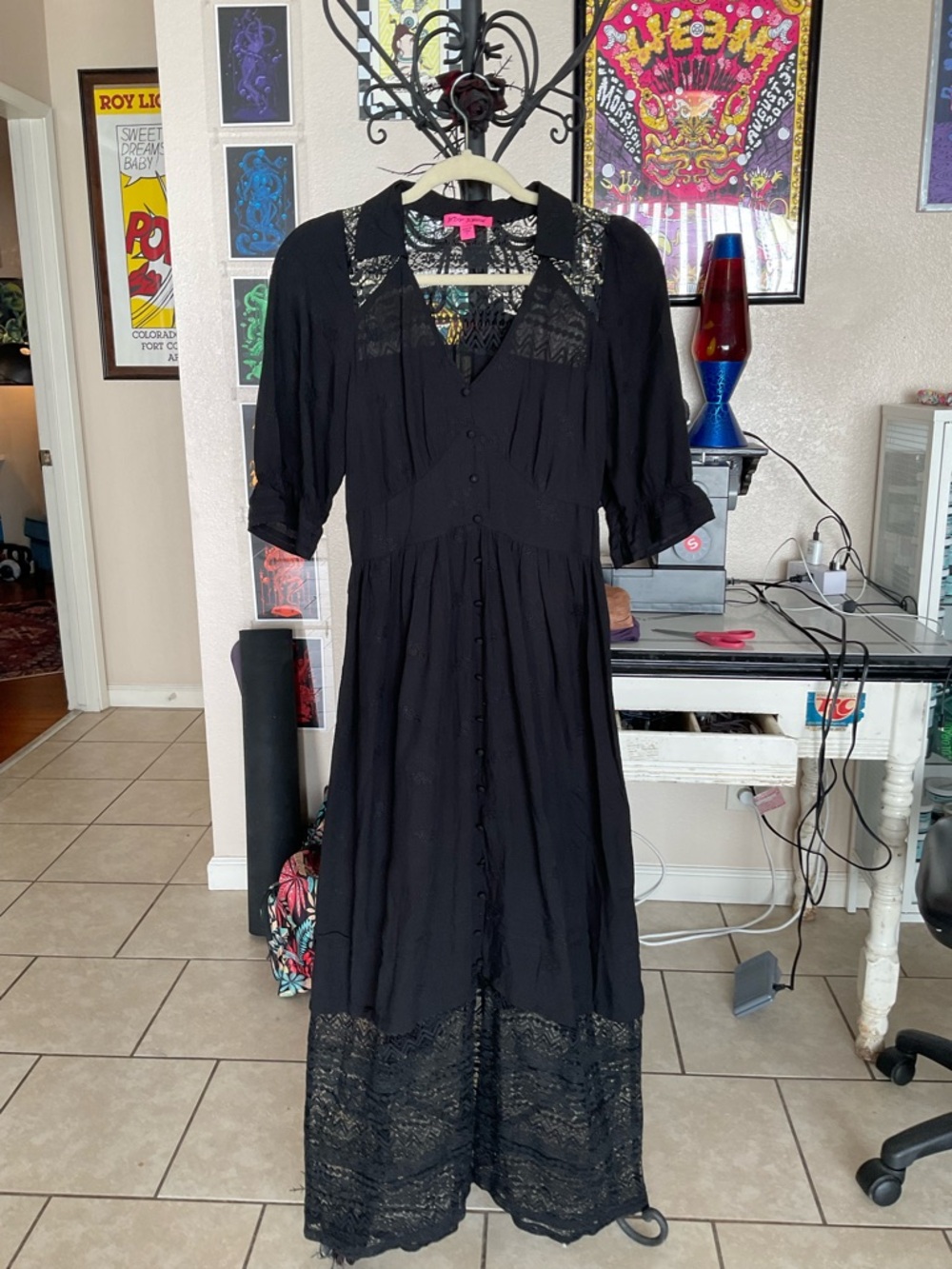Betsey Johnson Black Lace-Trim Maxi Dress